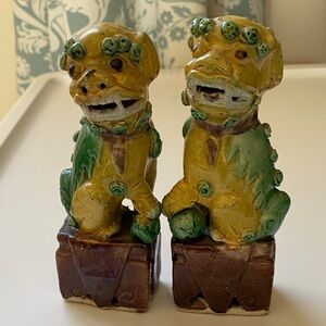 A Pair of Antique Asian Yellow and Green Porcelain Foo Dogs/Lions 5.75" Tall